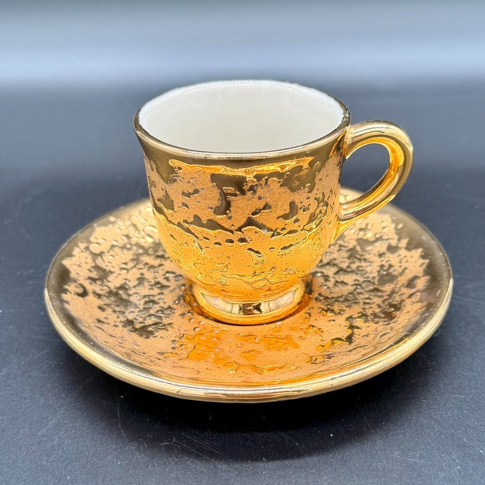 Dixon Art Studio Weeping 22K Gold Demitasse Cup Saucer Set MCM Hollywood Regency